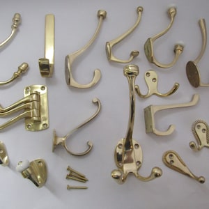 PACK of 5 Solid Brass vintage old style hat and coat hooks retro shabby chic period OVER 20 DESIGNS to choose from Polished Brass