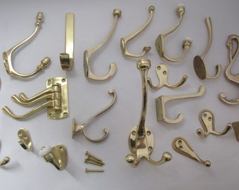 PACK of 5 Solid Brass vintage old style hat and coat hooks retro shabby chic period OVER 20 DESIGNS to choose from Polished Brass