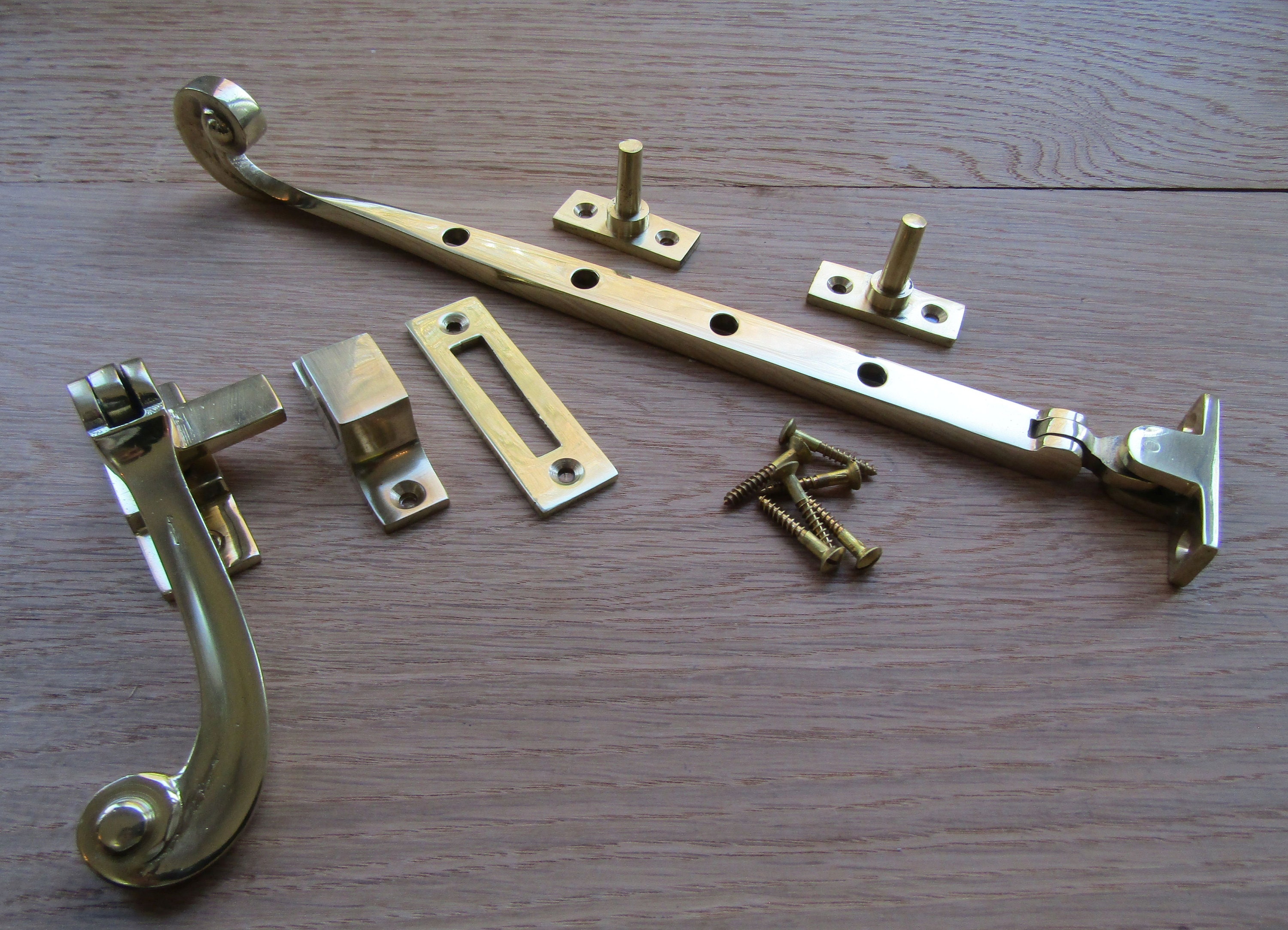 POLISHED BRASS solid brass Vintage cottage rustic Window Furniture fitting curly window casement stay arm hook mortice fastener