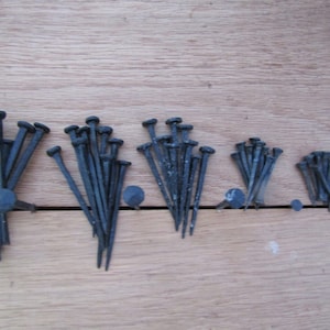 May include: A collection of black metal nails of varying lengths, arranged in rows on a wooden surface.