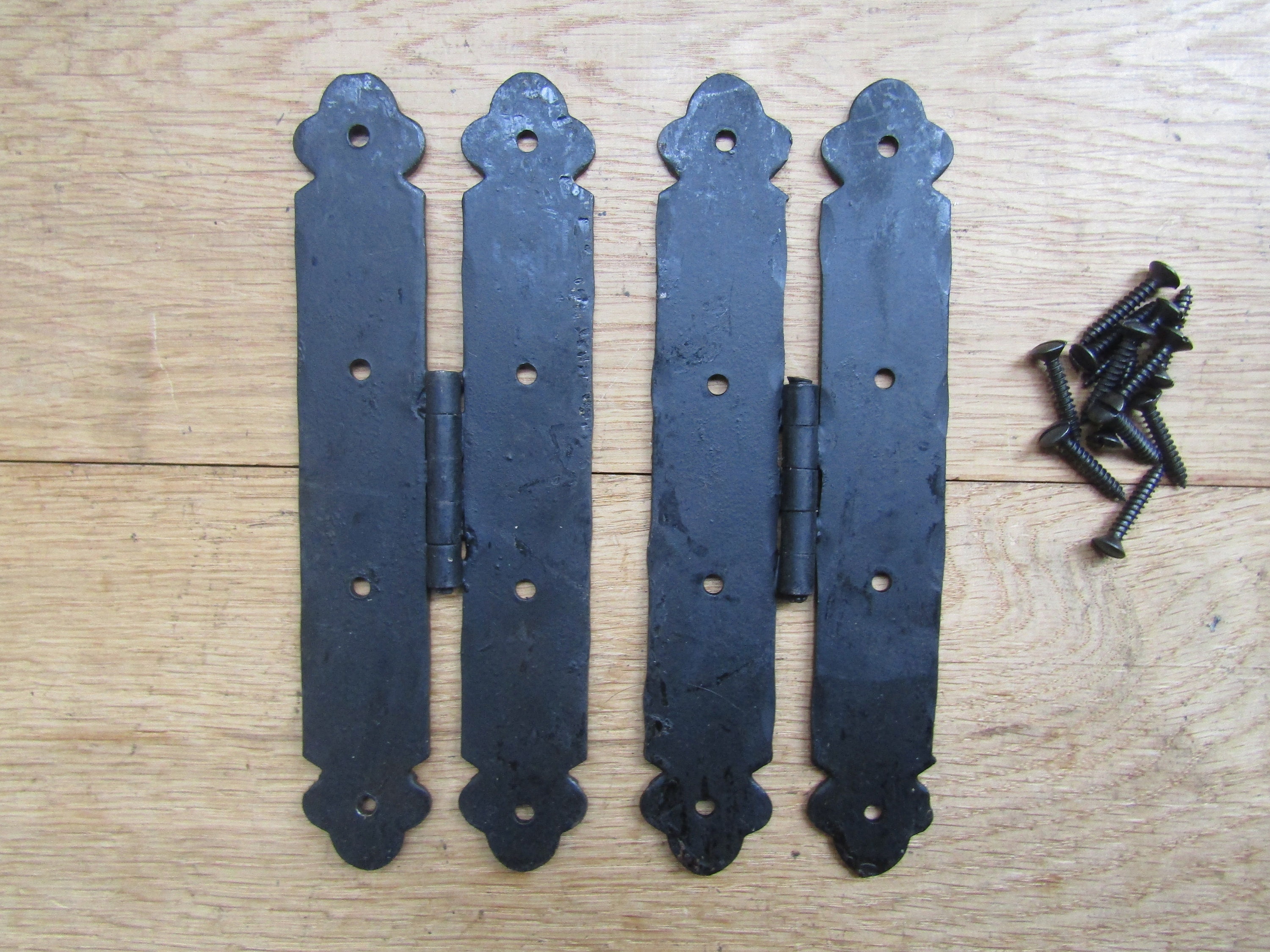 Pair of ORNATE H L HINGE Hand wrought iron blacksmith door old