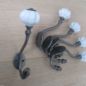 Pack Of 5 LARGE PUMPKIN CERAMIC White hook Cast iron Rustic hat and coat hooks vintage retro old antique hanging hooks pegs Antique iron