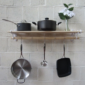 WHITE Traditional Country Kitchen shelf pot pan rack holder Hanger with cast iron ends vintage rustic cottage farmhouse hanger rail