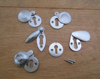 SATIN CHROME keyhole cover escutcheon key hole plate covered/ open solid brass construction Vintage/ victorian /beehive/Reeded/Tear Drop