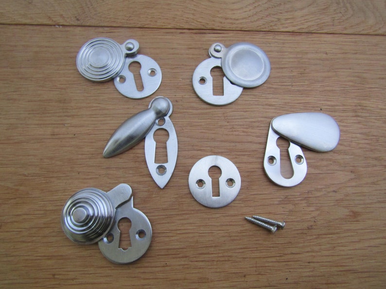 May include: Six silver keyhole covers in various shapes and sizes, including round, oval, and teardrop. Two of the covers have a decorative design on the top. Two screws are also included.