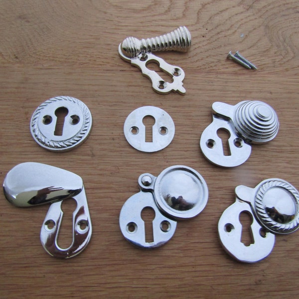 POLISHED CHROME keyhole cover escutcheon key hole plate covered/ open solid brass construction Vintage/ victorian /beehive/Reeded/Tear Drop