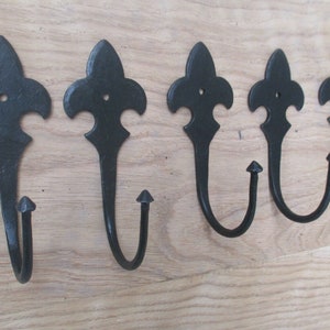 Pack of 5 FLEUR DE LYS Handforged Blacksmith rustic wrought iron hooks vintage old country iron hanging hooks cottage kitchen hand forged
