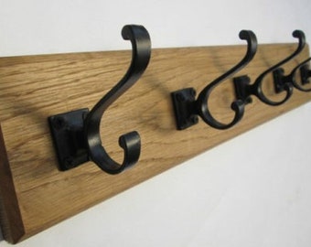 UK Handmade Solid Oak Wood Rustic Wooden Wall Mounted Hat and Coat Hook Rail Rack Hanger Coat Rail cast iron volute square Black hooks