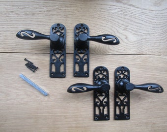 Pair Of COTTAGE BLACK ANTIQUE cast iron Sprung lever mortise lock latch door handles vintage old tudor ornate cottage country style
