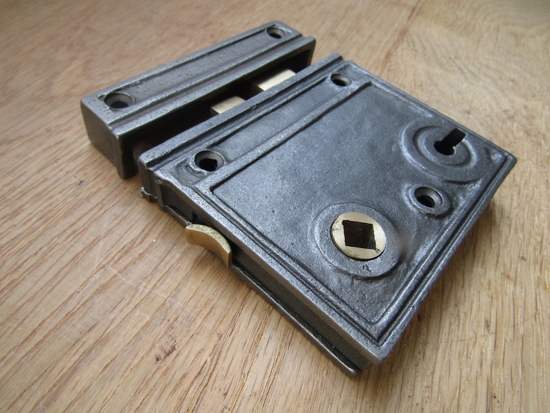 Massivt gjutjärn, dörrknopp och låslås, antika järn rustika vintage lantlig viktorianska dörrknoppar, handtag bild 7