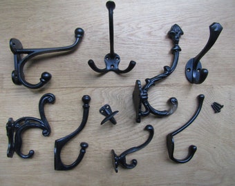 PACK of 5 Cast iron Black antique rustic vintage old hat and coat hooks retro shabby chic industrial pegs OVER 50 DESIGNS to choose from
