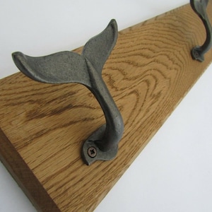 UK Handmade Solid Oak Wood Rustic Wooden Wall Mounted Hat and Coat Hook Rail Rack Hanger Coat Rail Cast iron whale tail hooks