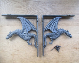 PAIR of MYTHICAL DRAGON Cast iron antique old Rustic vintage retro scaffold shelf brackets Shelf Bracket Antique iron
