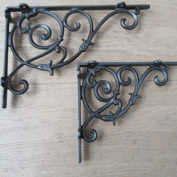 Pair of VINE antique iron Cast iron Rustic vintage retro Industrial scaffold shelf brackets Victorian scroll brackets antique