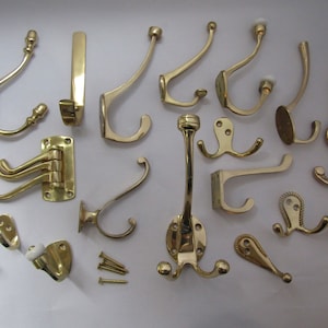 PACK of 5 Solid Brass vintage old style hat and coat hooks retro shabby chic period OVER 20 DESIGNS to choose from Polished Brass