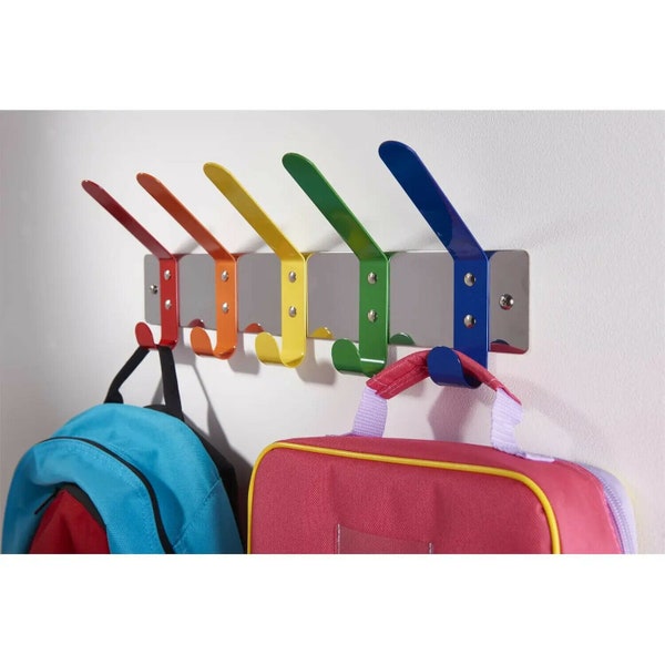 METAL RAINBOW 5 HOOK Coat Rail Childs Kids Nursery School Coat Rack Hanger Hanging Peg rail Children's Bedroom Hallway Hooks