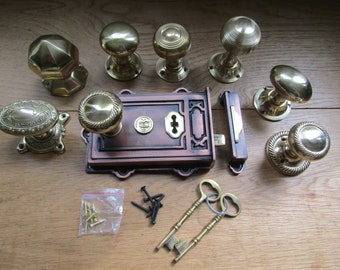 SOLID BRASS rim knob & Antique COPPER cast iron davenport lock set old rustic retro style vintage country cottage period home door handles