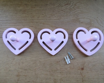 SET Of 3 LOVE HEART Hooks girls child's kids nursery school bedroom hanger hanging coat hooks