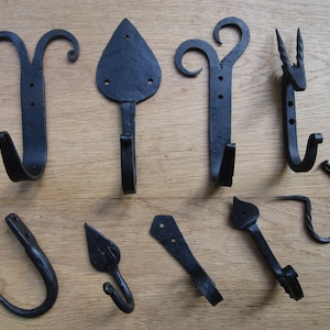 Pack of 5 HANDFORGED BLACKSMITH rustic wrought iron hooks vintage old country iron hanging hooks cottage kitchen hand forged BLACK