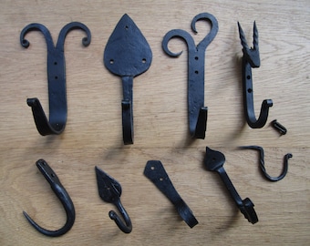 Pack of 5 HANDFORGED BLACKSMITH rustic wrought iron hooks vintage old country iron hanging hooks cottage kitchen hand forged BLACK