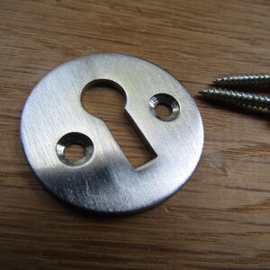 May include: A silver keyhole cover with two screw holes and two screws.
