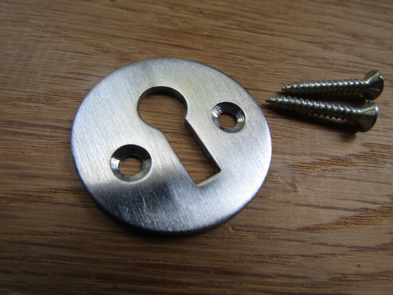 May include: A silver keyhole cover with two screw holes and two screws.