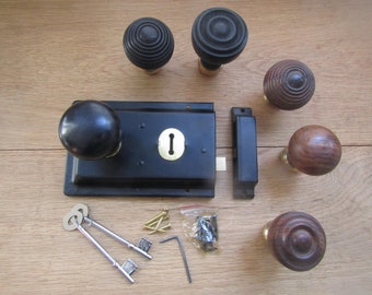 WOODEN rim knob & 6" Black Rim Lock set old 1920s retro style vintage door pull handles door knob set