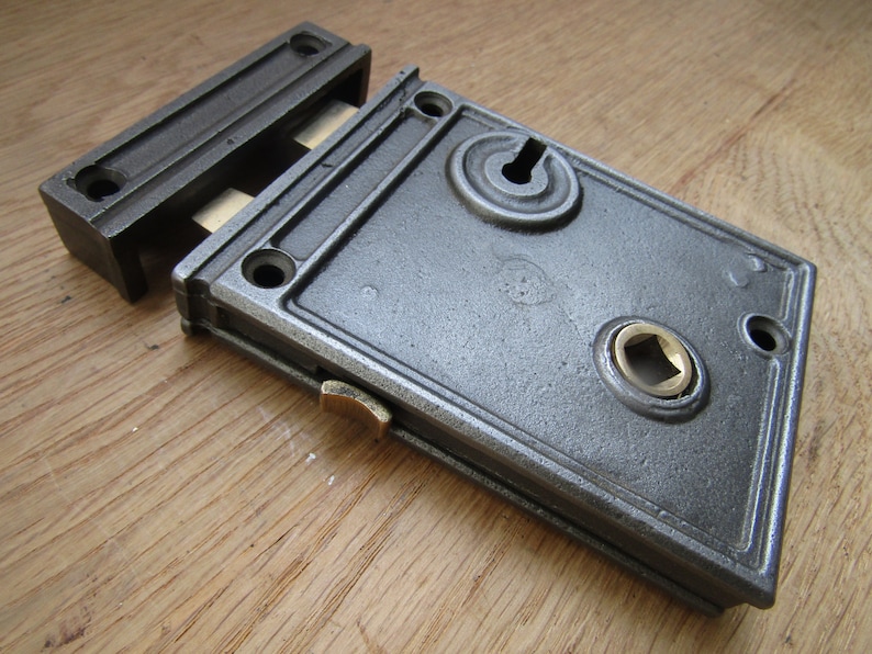 Massivt gjutjärn, dörrknopp och låslås, antika järn rustika vintage lantlig viktorianska dörrknoppar, handtag bild 5