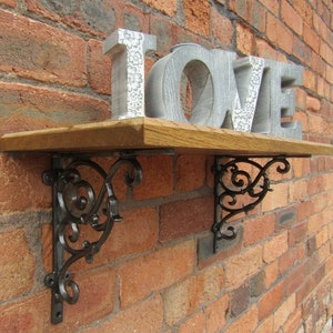 Solid Oak Wood Handmade Shelves rustic Shelf  22cm DEEP with cast iron shelf brackets SMALL VINE antique iron