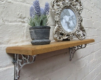 Solid Oak Wood Handmade Shelves rustic Shelf  15cm DEEP  with cast iron shelf brackets 5" victorian scroll chrome
