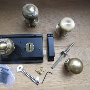 SOLID BRASS Antique brass finish rim knob & 6&quot; Black rim lock old retro 1920s style vintage victorian door pull handles