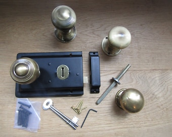 SOLID BRASS Antique brass finish rim knob & 6" Black rim lock old retro 1920s style vintage victorian door pull handles