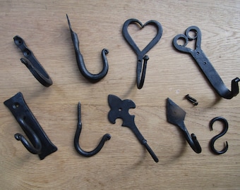 Pack of 5 HANDFORGED BLACKSMITH rustic wrought iron hooks vintage old country iron hanging hooks cottage kitchen hand forged BLACK