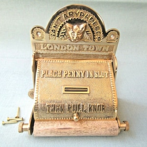SOLID BRASS London Town PENNY Slot Paper toilet roll holder rustic vintage antique ornate fancy old style roll holder loo wc holder