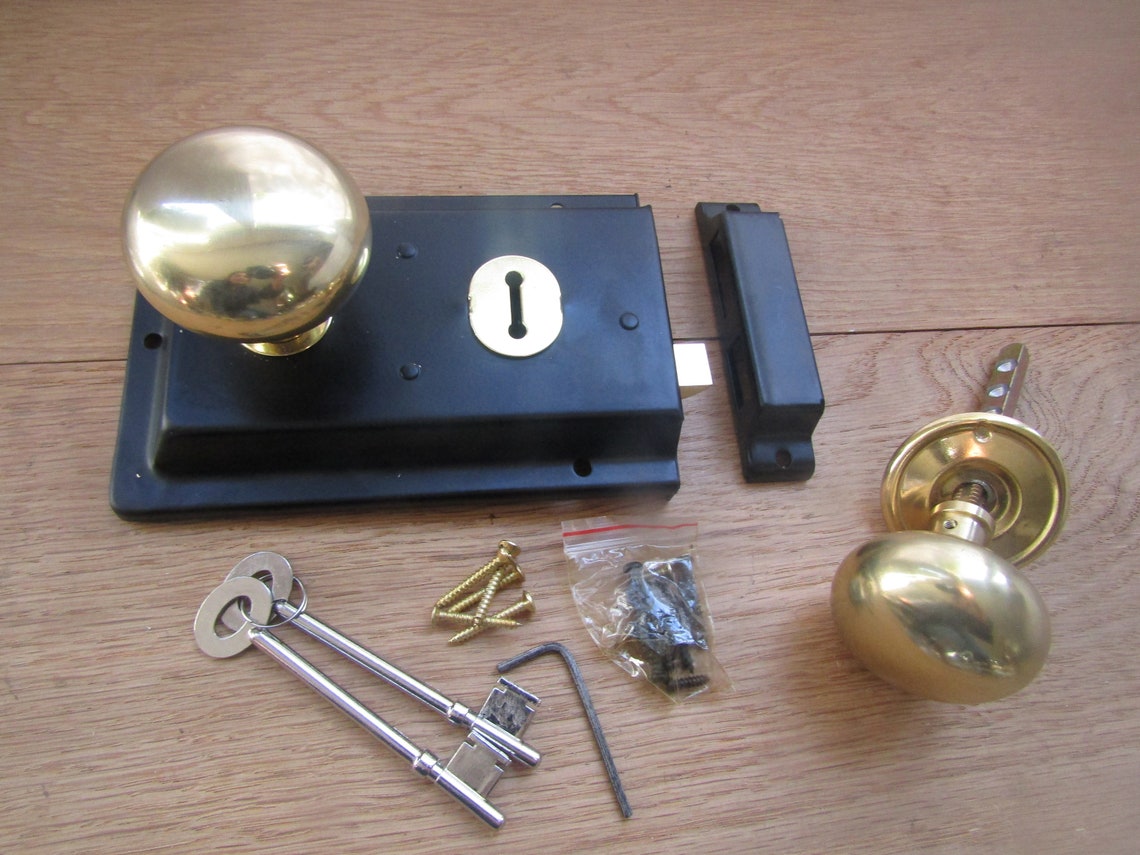 SOLID BRASS Rim Knob & Black Rim Lock Set Old 1920s Retro | Etsy