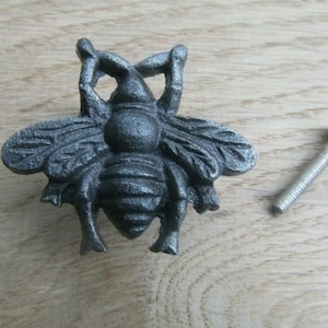 May include: A cast iron bee door knob with a detailed design and a silver screw.