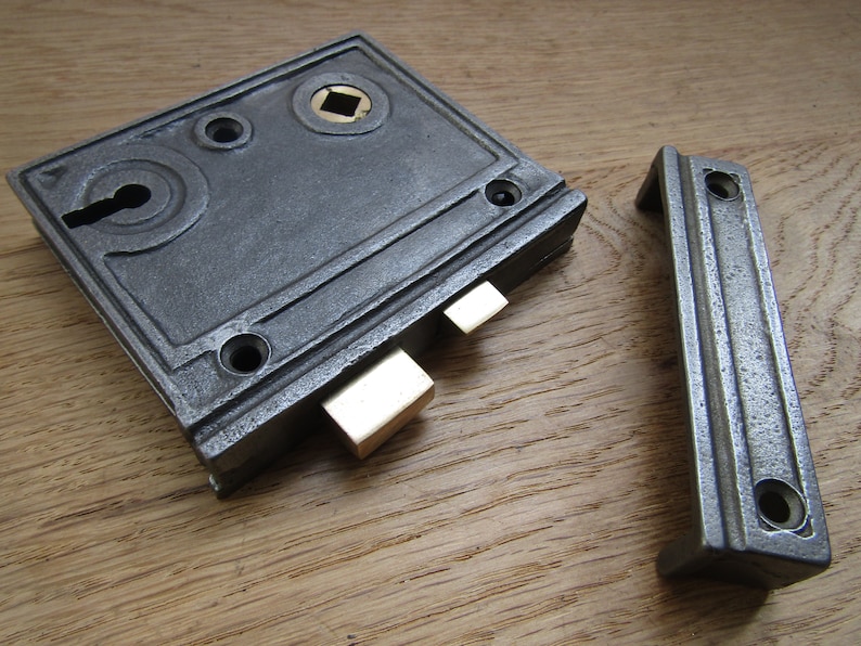 Massivt gjutjärn, dörrknopp och låslås, antika järn rustika vintage lantlig viktorianska dörrknoppar, handtag bild 8