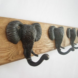 UK Handmade Solid Oak Wood Rustic Wooden Wall Mounted Hat and Coat Hook Rail Rack Hanger Coat Rail Cast iron Elephant head hooks