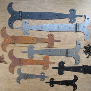 PAIR of HINGES Fleur de lys rustic vintage old style cabinet door tee t hinge chest trunk decorative ornate fancy furniture strap hinges