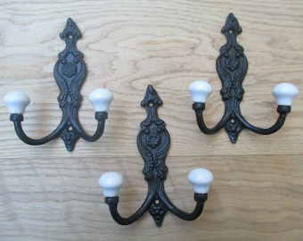 PACK Of 3 FRENCH ORNATE Ceramic double coat hooks rustic retro vintage victorian pegs hanger bedroom hook