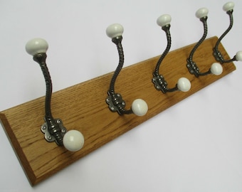 UK Handmade Solid Oak Wood Rustic Wooden Wall Mounted Hat and Coat Hook Rail Rack Pegs Hanger Coat Rail cast iron Twisted Ceramic hooks