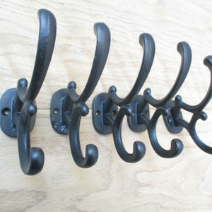 5 Pack Decorative Cast Iron Heavy Duty Double Hooks, Wall Mounted Coat Hooks, Vintage Inspired (Antique Black) (Spoon Hook)