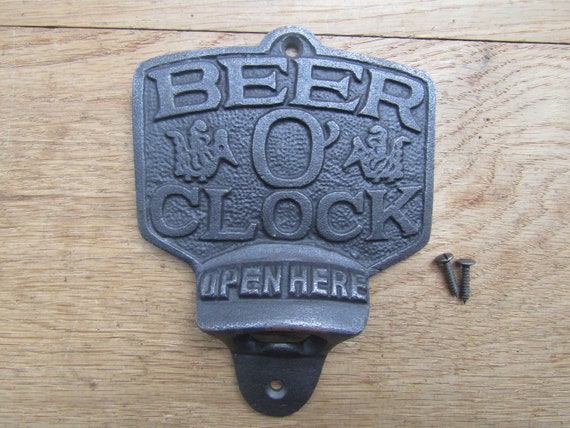 Beer O' Clock Open Here Wall Mount Bottle Opener Rustic Cast Iron Bar Pub Decor Beer O' Clock Open Here Wall Mount Bottle Opener Rustic Cast Iron Bar Pub Decor