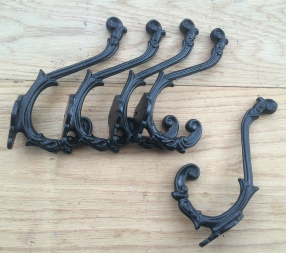 Pack Of 5 FRENCH ORNATE Cast iron Rustic hat and coat hooks vintage retro  old antique hanging hooks pegs BLACK Antique