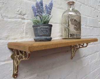 Solid Oak Wood Handmade Shelves rustic Shelf  15cm DEEP  with cast iron shelf brackets 5" Brass victorian scroll