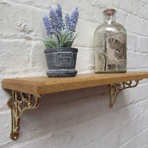Solid Oak Wood Handmade Shelves rustic Shelf  15cm DEEP  with cast iron shelf brackets 5" Brass victorian scroll