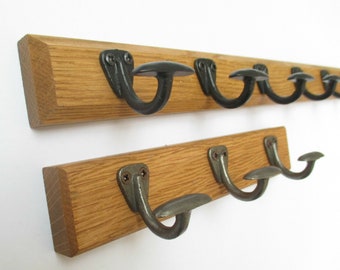 UK Handmade Solid Oak Wood Rustic Wooden Wall Mounted key Hook Rail Rack Pegs Hanger Cast iron Small bowler hook in 2 colours