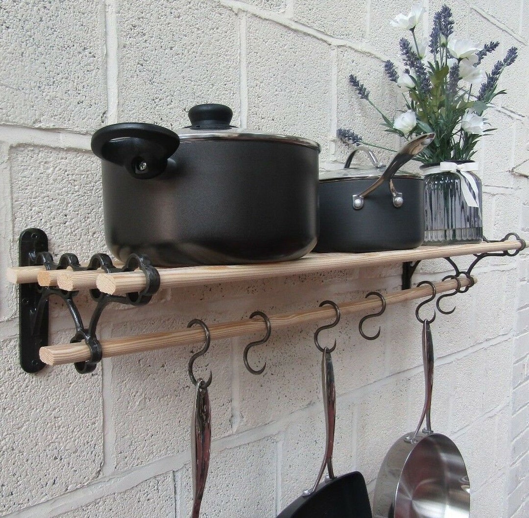 ANTIQUE IRON Traditional Country Kitchen Shelf Pot Pan Rack Holder ...