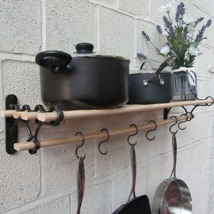 ANTIQUE IRON Traditional Country Kitchen shelf pot pan rack holder Hanger with cast iron ends vintage rustic cottage farmhouse hanger rail
