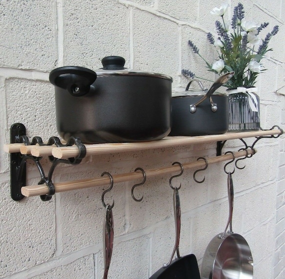 ANTIQUE IRON Traditional Country Kitchen Shelf Pot Pan Rack Holder Hanger  With Cast Iron Ends Vintage Rustic Cottage Farmhouse Hanger Rail 